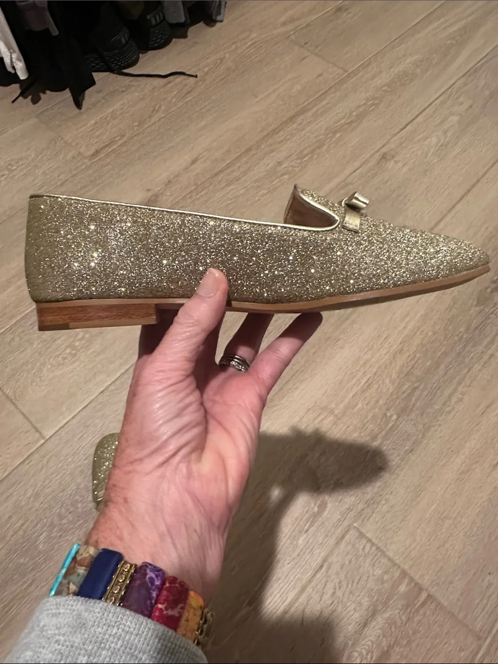 Kate Spade Georgia Metallic Gold Glitter Loafers with Bow Accent - Size 6